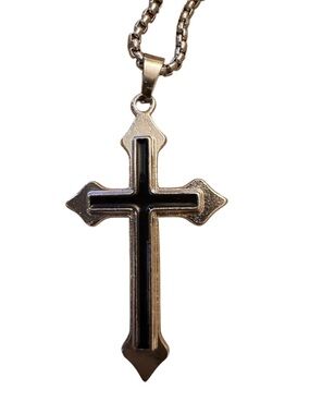 Silver Tone Cross Necklace Black Inlay Pendant Chain Unisex
